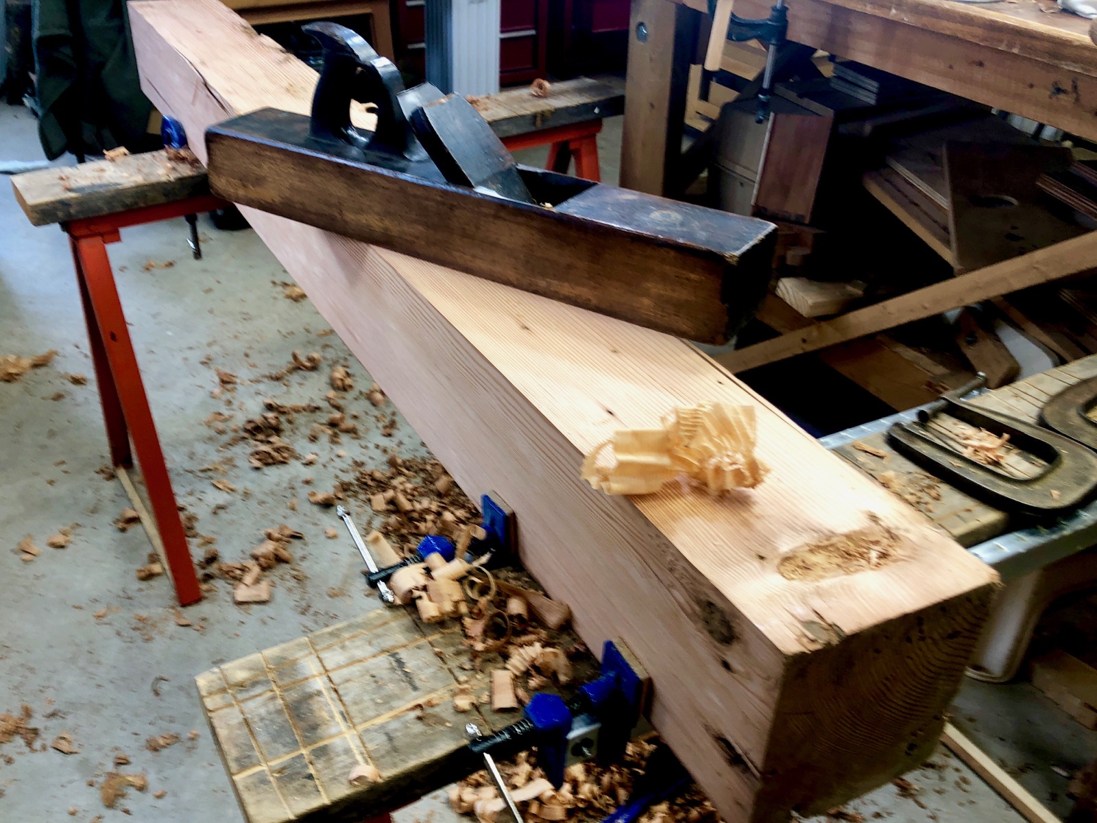 A 130-year-old handplane sitting on wood that's even older.