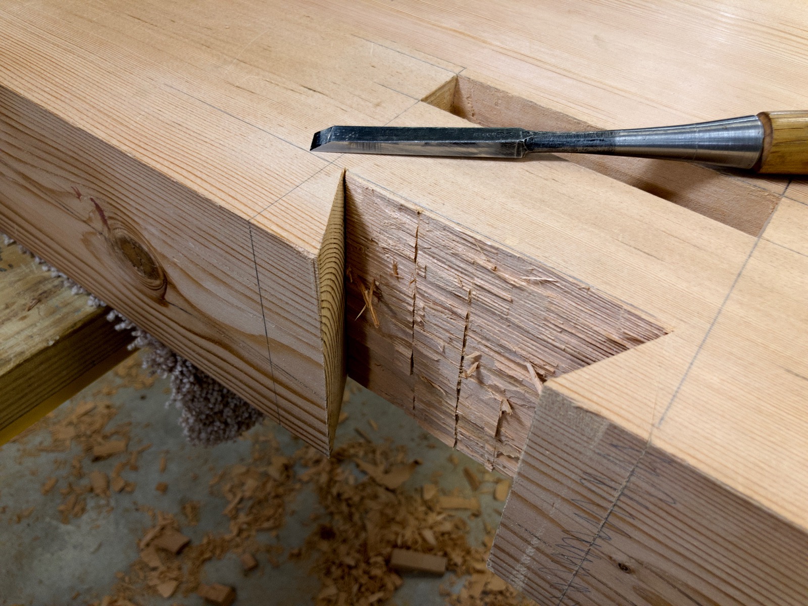 The sliding dovetail joint with most of the waste cleared out.