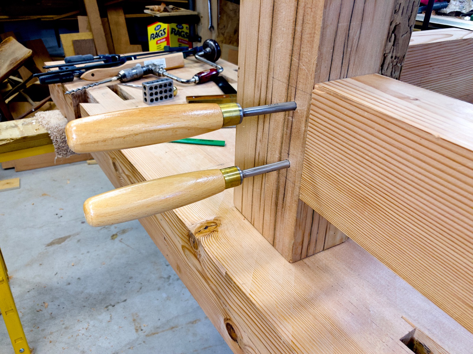 Two drawbore pins in action.