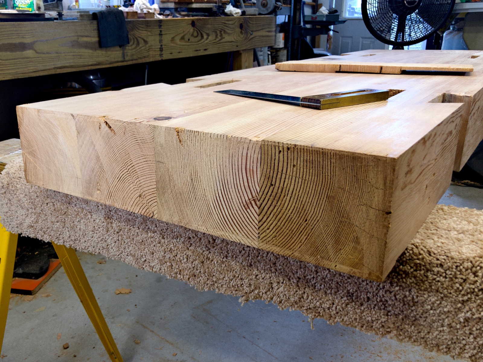 The cut end of the bench top.
